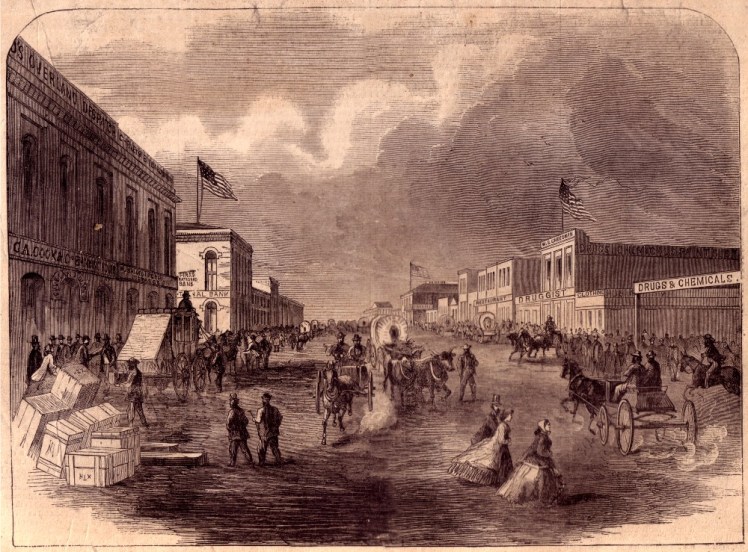 A stagecoach can be seen, left, in front of the Denver Butterfield Overland Despatch office at far left in this Harper's Weekly illustration from 1866.