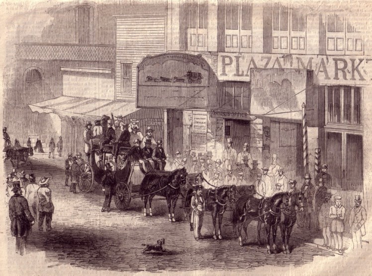 Based on a photograph, this 1858 woodcut print from Harper's Weekly shows the first eastbound Butterfield stage about to embark from San Francisco headed to Tipton, Missouri. When first started, stages left San Francisco at 6 a.m. each Monday, Wednesday and Friday.